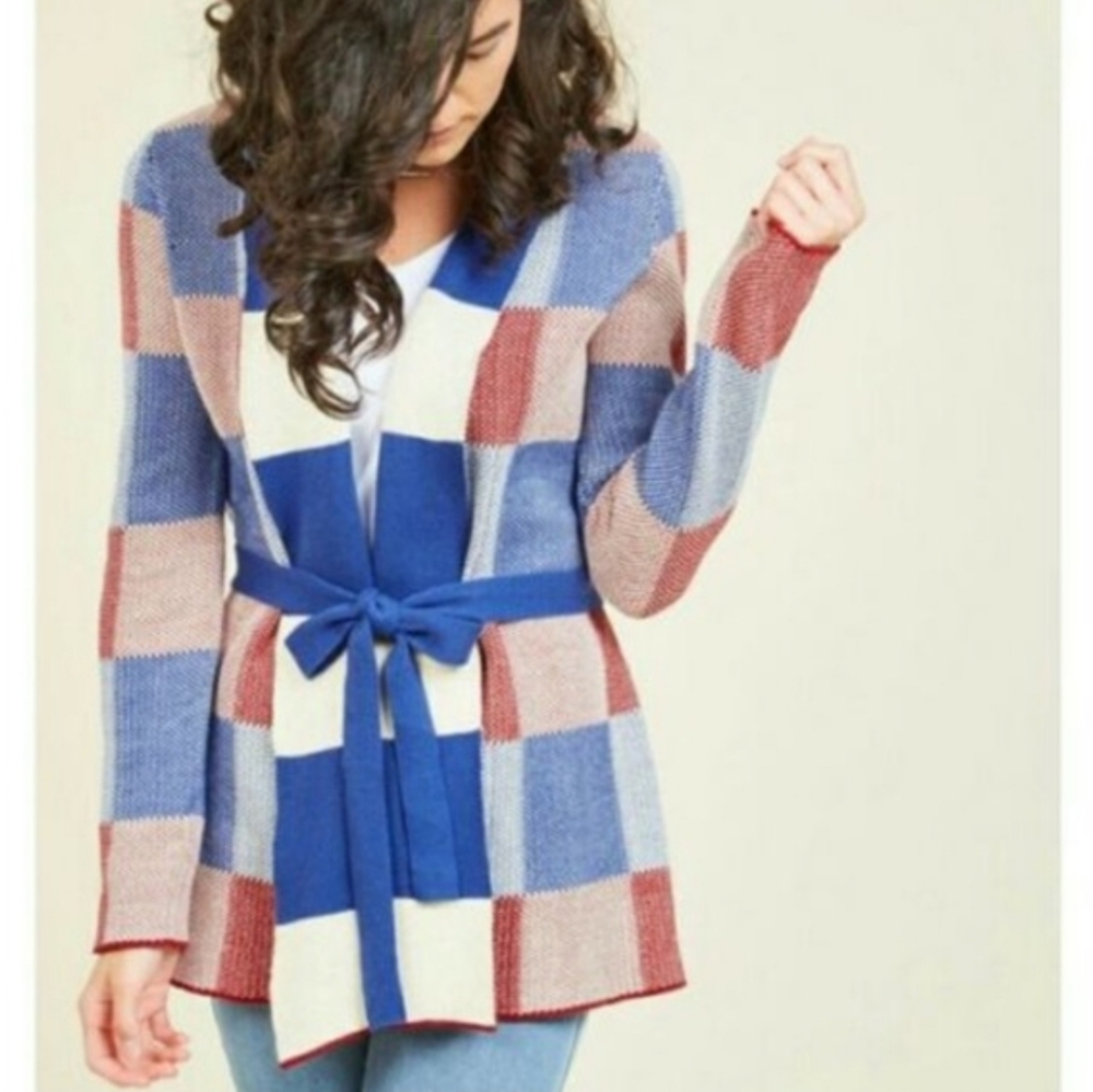 ModCloth Simply Snuggly Checked Cardigan Red, White, Blue